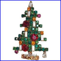 Weiss Christmas Tree Vintage Pin Brooch Geometrical Crystal Deco Green Red Brass