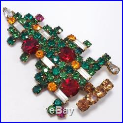 Weiss Christmas Tree Vintage Pin Brooch Geometrical Crystal Deco Green Red Brass