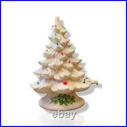 White Ceramic 2pc Christmas Tree And Base 17 with Colored Lights and Birds VTG