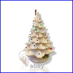 White Ceramic 2pc Christmas Tree And Base 17 with Colored Lights and Birds VTG