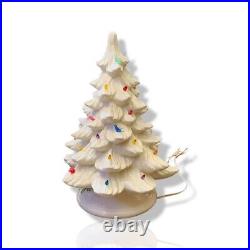 White Ceramic 2pc Christmas Tree And Base 17 with Colored Lights and Birds VTG