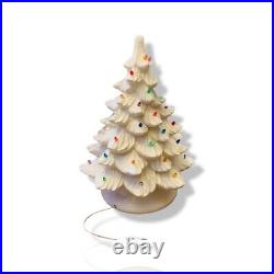 White Ceramic 2pc Christmas Tree And Base 17 with Colored Lights and Birds VTG