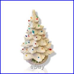White Ceramic 2pc Christmas Tree And Base 17 with Colored Lights and Birds VTG