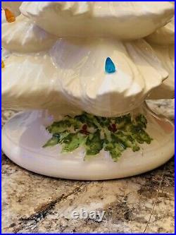 White Ceramic 2pc Christmas Tree And Base 17 with Colored Lights and Birds VTG