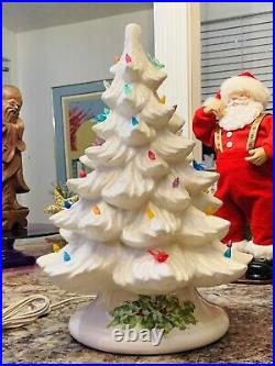 White Ceramic 2pc Christmas Tree And Base 17 with Colored Lights and Birds VTG