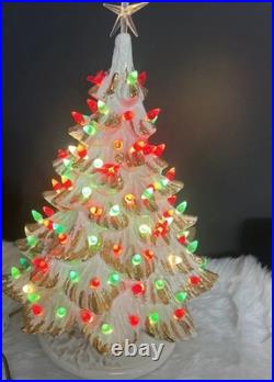 White /gold Ceremic Xmas Tree Hand Painted 17 Without Star 18.5 With VTG 1981 White /gold Ceremic Xmas Tree Hand Painted 17 Without Star 18.5 With VTG 1981