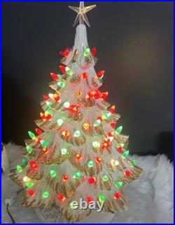 White /gold Ceremic Xmas Tree Hand Painted 17 Without Star 18.5 With VTG 1981